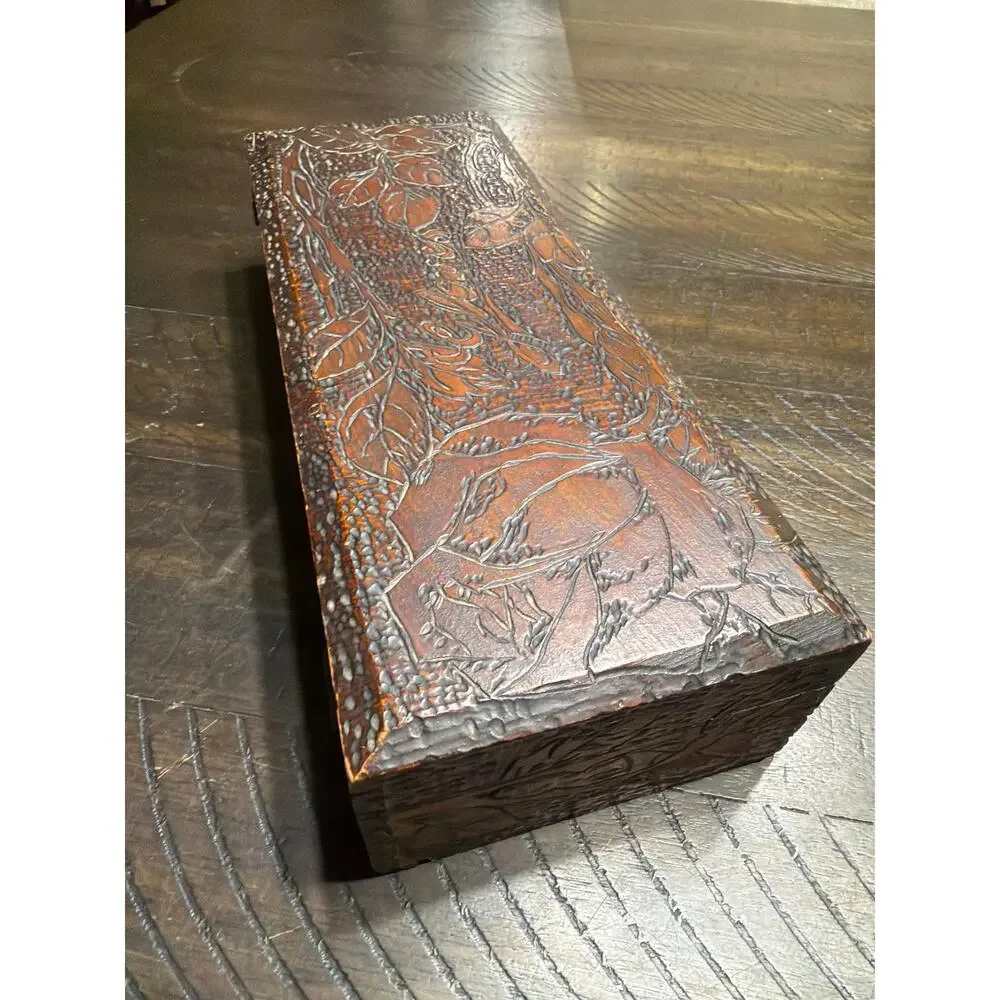 Antique 1906 Pyrography Wood Glove Box Arts Crafts Floral Pokerwork Dated 1907